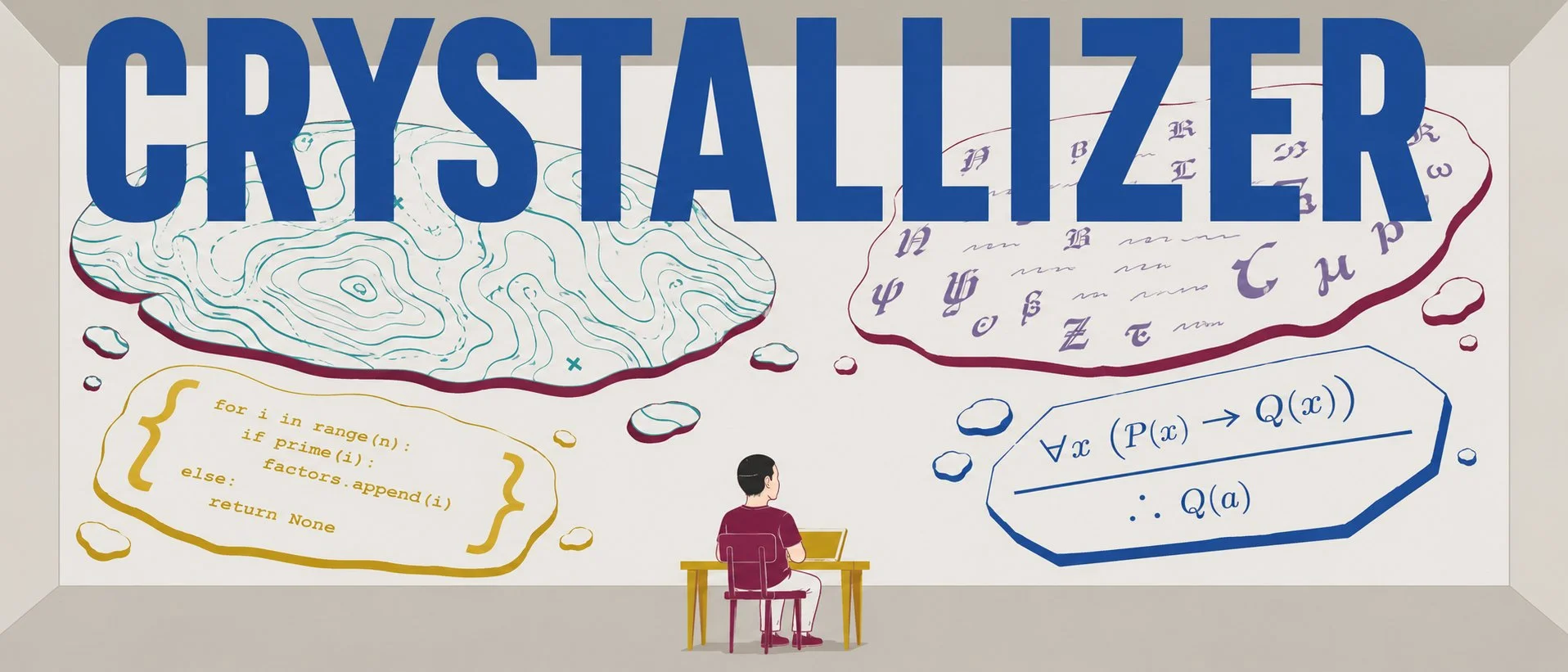 A small figure sits at a desk surrounded by enormous floating fragments of knowledge: contour lines, code, calligraphy, logic symbols, with CRYSTALLIZER in massive blue letters above