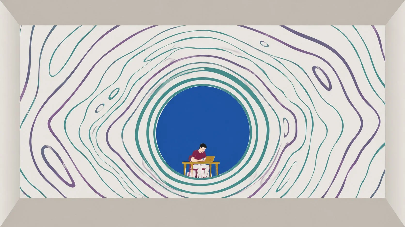 An enormous eye made of teal and purple contour lines stares down at the tiny figure, knowledge examining the person