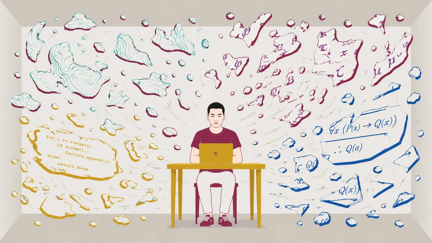 The figure sits calm and composed at the center while fragments of code, characters and shapes swirl chaotically around