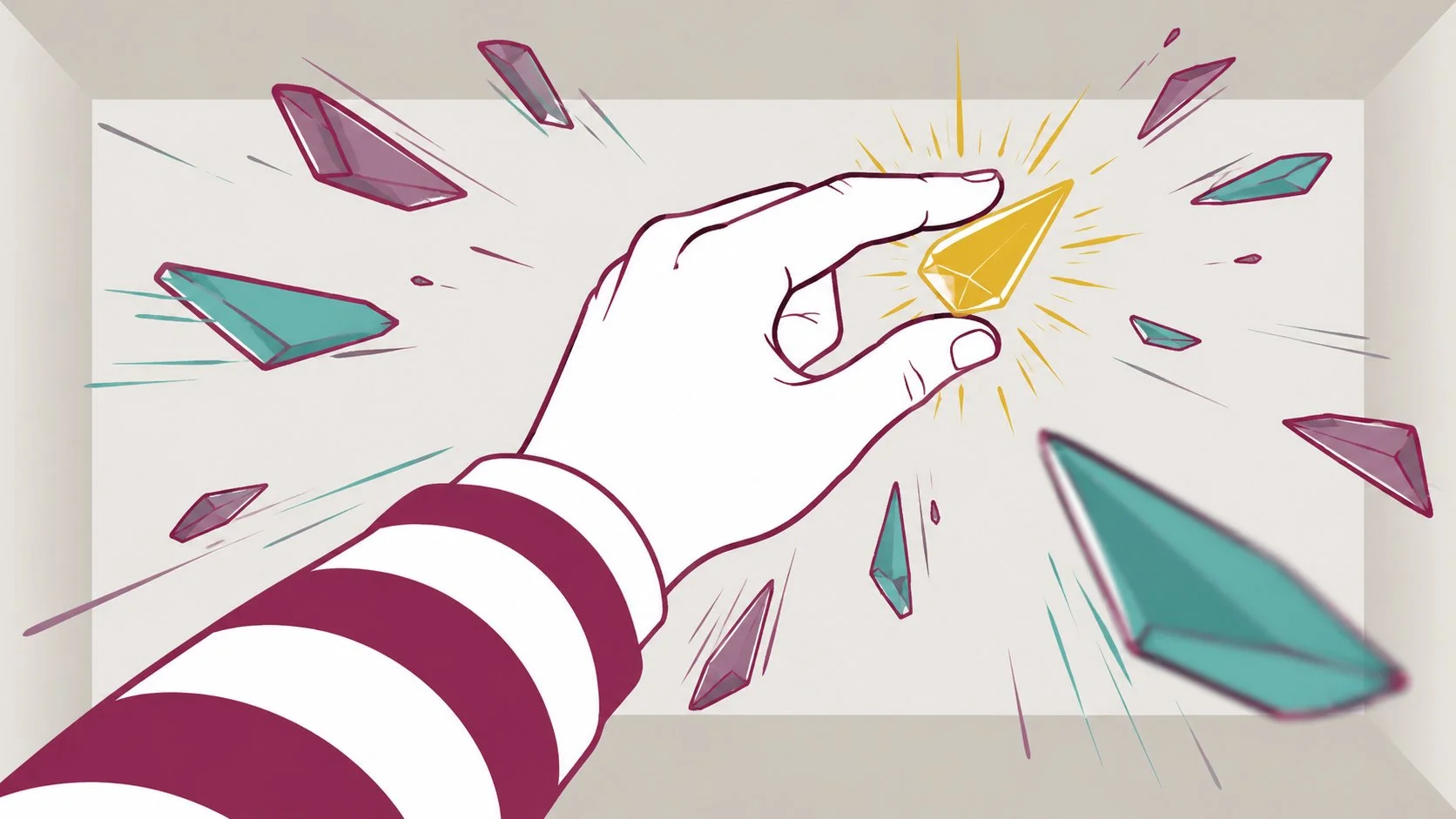 Close-up of a hand catching a glowing golden fragment from the chaos