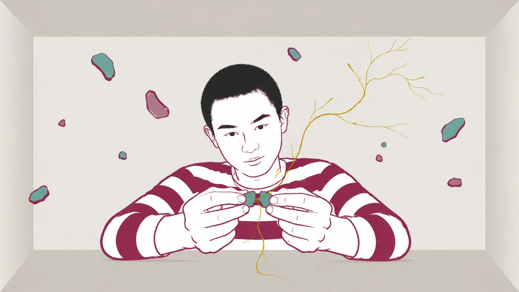 The figure holds two fragments together as a golden thread extends outward, the first connection