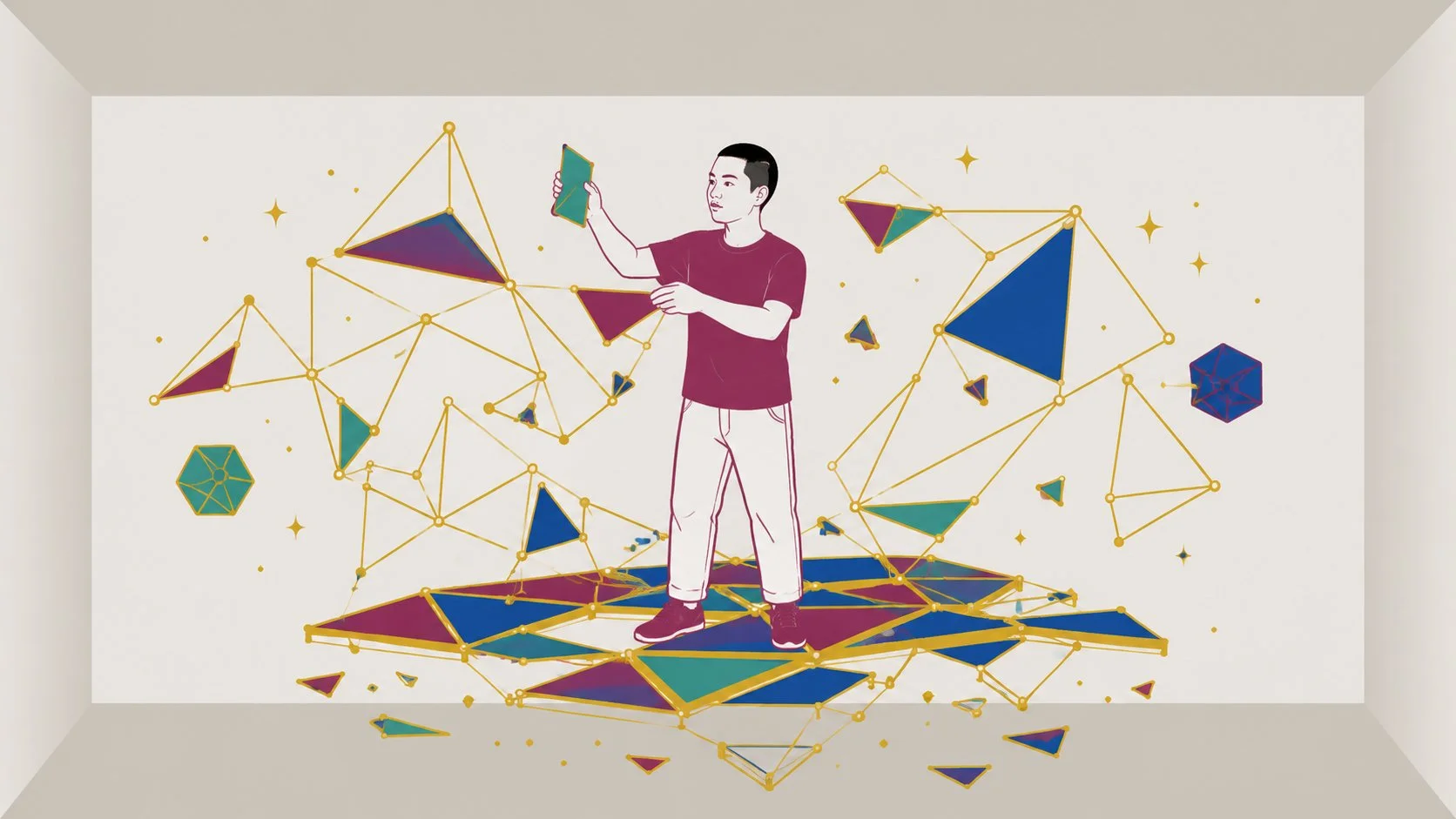 The figure stands confidently on a floating structure of golden lines and colored fragments, actively arranging pieces