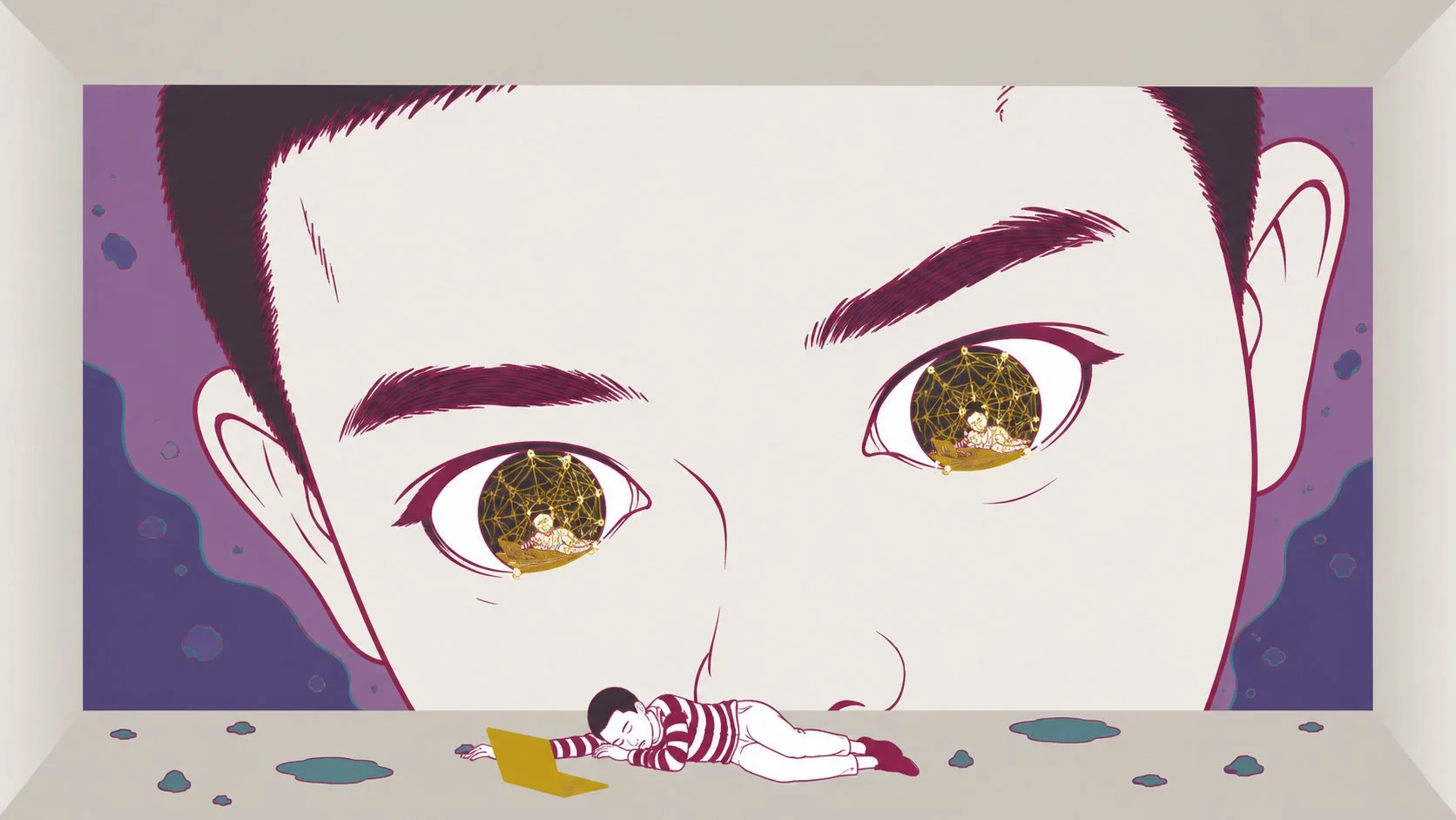 Enormous close-up of eyes with golden network structures reflected in the irises, the figure's creation mirrored in her own gaze